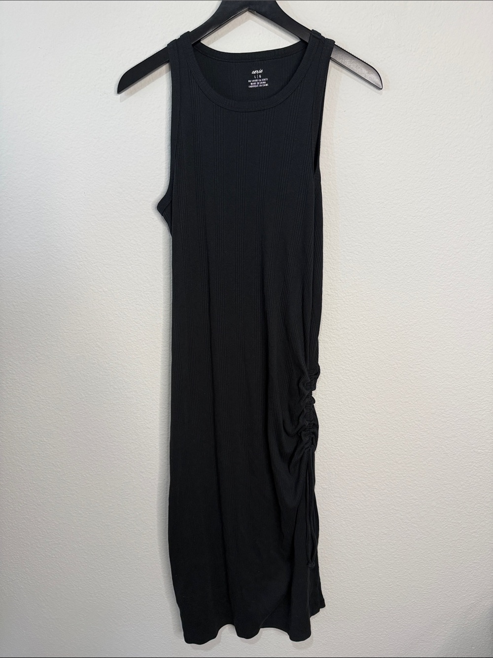 aerie Black Ribbed Tank Maxi Dress with Side Ruching